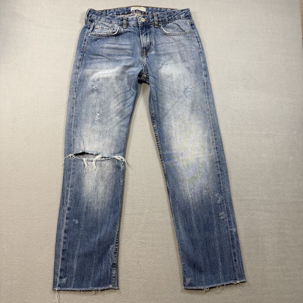Zara Woman Premium Denim Jeans Sz 2 Distressed Ripped Knee Raw Hem Blue